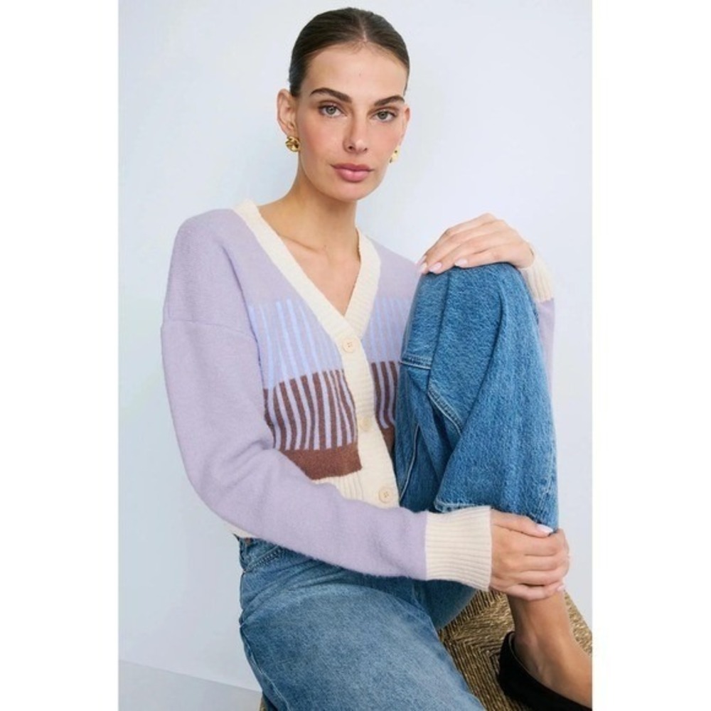 MinkPink Womens Lavender Colorblock Striped Cropped V-Neck Cardigan Sweater S